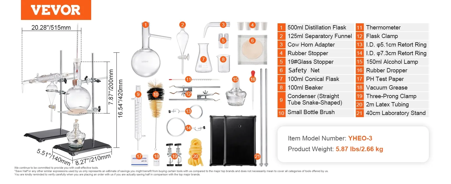 VEVOR essential oil distillation kit including glassware, stoppers, condenser, beaker, and alcohol lamp.