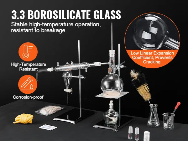 VEVOR essential oil distillation kit with high-temp resistant borosilicate glass and corrosion-proof design.