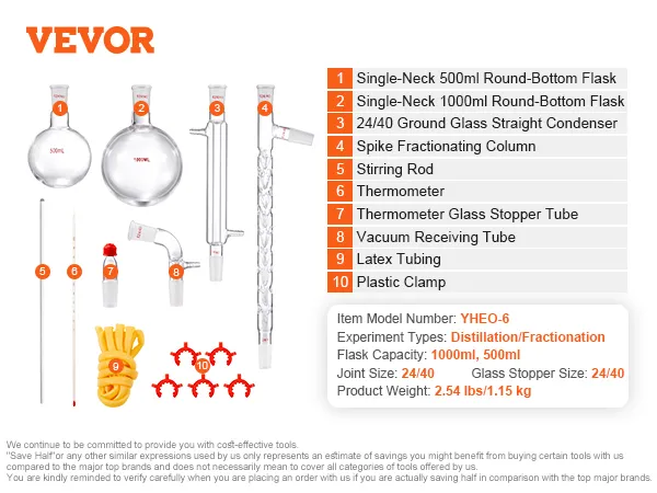 VEVOR lab distillation kit with glassware, flasks, thermometer, tubing, and clamps for distillation.