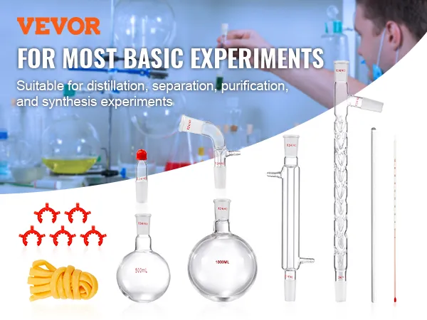 VEVOR lab distillation kit for basic experiments with glassware, clamps, and tubing for purification.