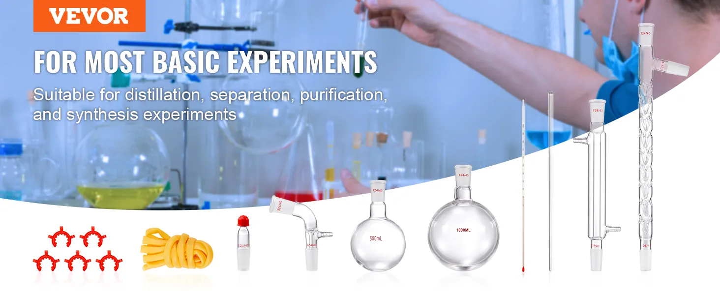 VEVOR lab distillation kit for basic experiments with glassware, clamps, and tubing for purification.