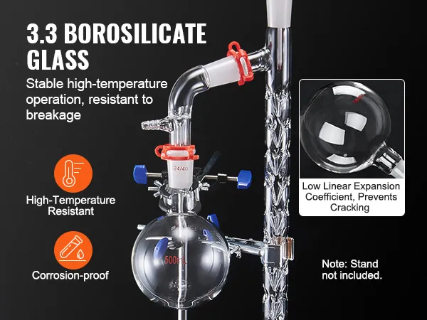 VEVOR lab distillation kit with 3.3 borosilicate glass, resistant to high temperatures and corrosion.