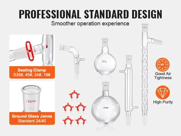 VEVOR lab distillation kit features sealing clamps, ground glass joints, and high purity components.