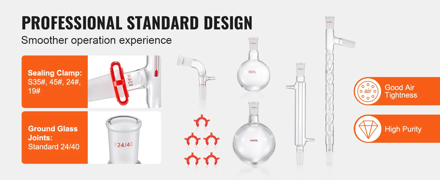 VEVOR lab distillation kit features sealing clamps, ground glass joints, and high purity components.