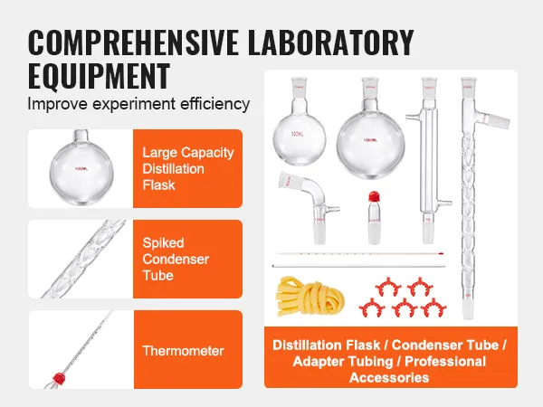 VEVOR lab distillation kit with flasks, spiked condenser tube, thermometer, and professional accessories.
