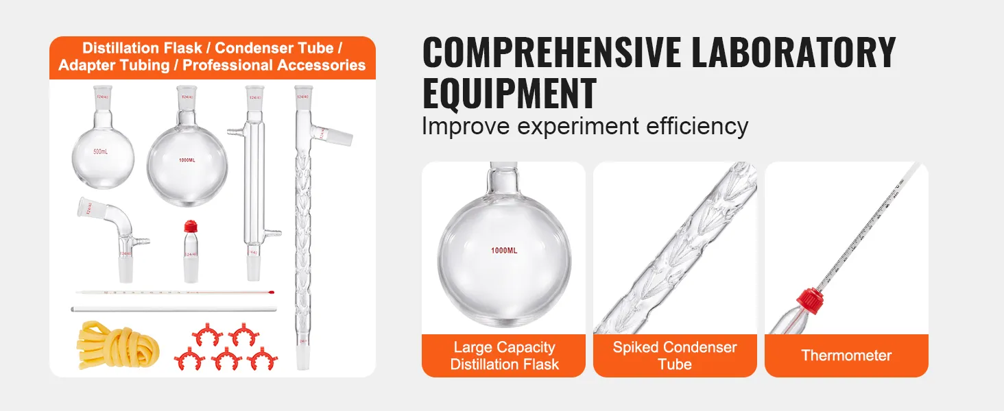 VEVOR lab distillation kit with flasks, spiked condenser tube, thermometer, and professional accessories.