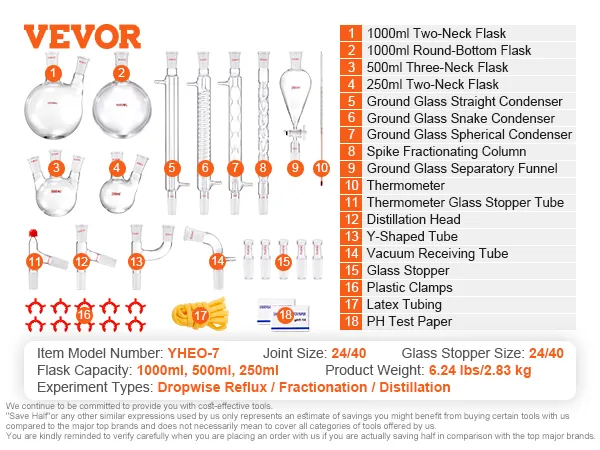 VEVOR lab distillation kit with multiple glass flasks, condensers, funnel, thermometer, and accessories.