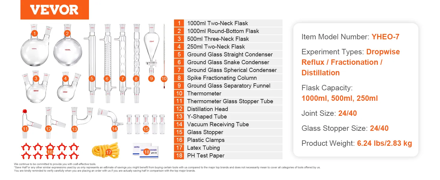 VEVOR lab distillation kit with multiple glass flasks, condensers, funnel, thermometer, and accessories.