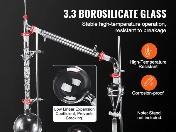 VEVOR lab distillation kit with high-temperature resistant 3.3 borosilicate glass, corrosion-proof.