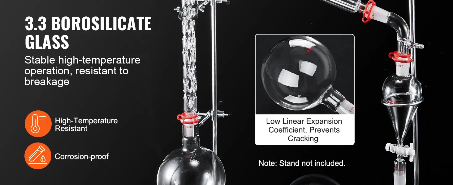 VEVOR lab distillation kit with high-temperature resistant 3.3 borosilicate glass, corrosion-proof.