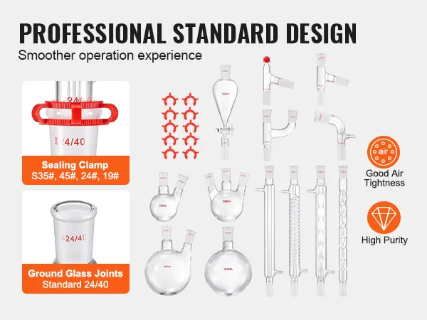 VEVOR lab distillation kit with sealing clamps, ground glass joints, and various glass apparatus.