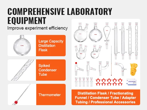 VEVOR lab distillation kit with flasks, tubes, thermometer, and accessories for efficient experiments.
