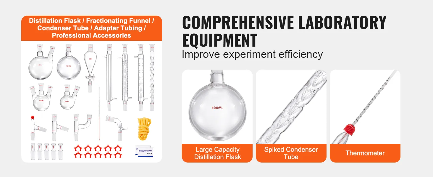 VEVOR lab distillation kit with flasks, tubes, thermometer, and accessories for efficient experiments.