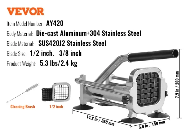 VEVOR french fry cutter, model ay420, die-cast body, sus420j2 blades, 1/2 inch and 3/8 inch sizes.