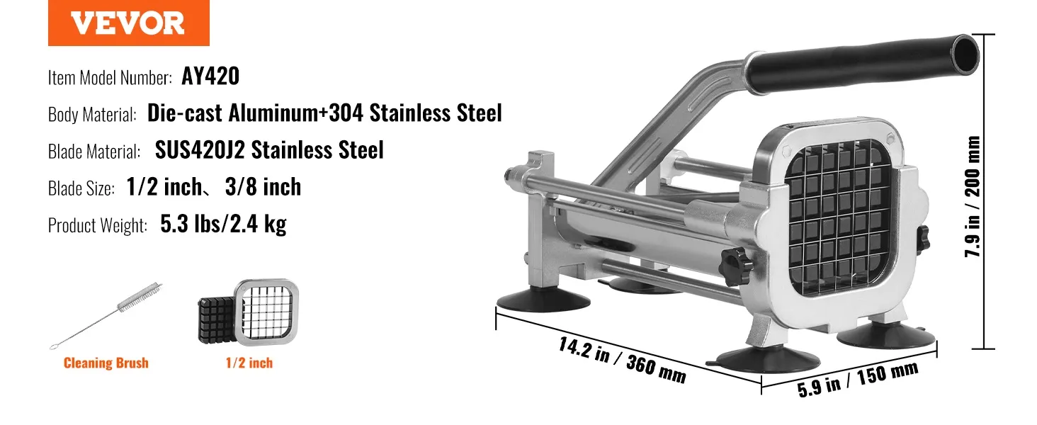 VEVOR french fry cutter, model ay420, die-cast body, sus420j2 blades, 1/2 inch and 3/8 inch sizes.