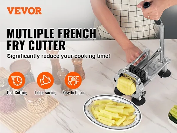 VEVOR french fry cutter on counter with sliced potatoes, wood jars, and vegetables. fast cutting, easy to clean.