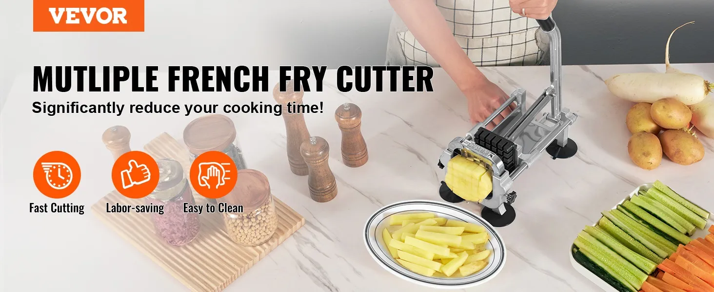 VEVOR french fry cutter on counter with sliced potatoes, wood jars, and vegetables. fast cutting, easy to clean.