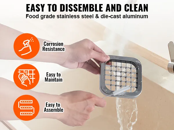 easy cleaning of VEVOR french fry cutter under faucet; corrosion-resistant, easy to assemble and maintain.