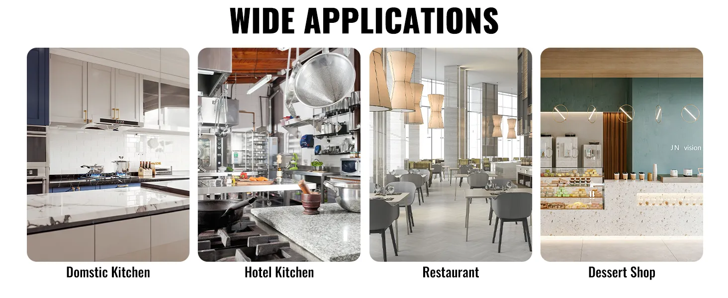 VEVOR french fry cutter showcased in domestic kitchen, hotel kitchen, restaurant, and dessert shop.