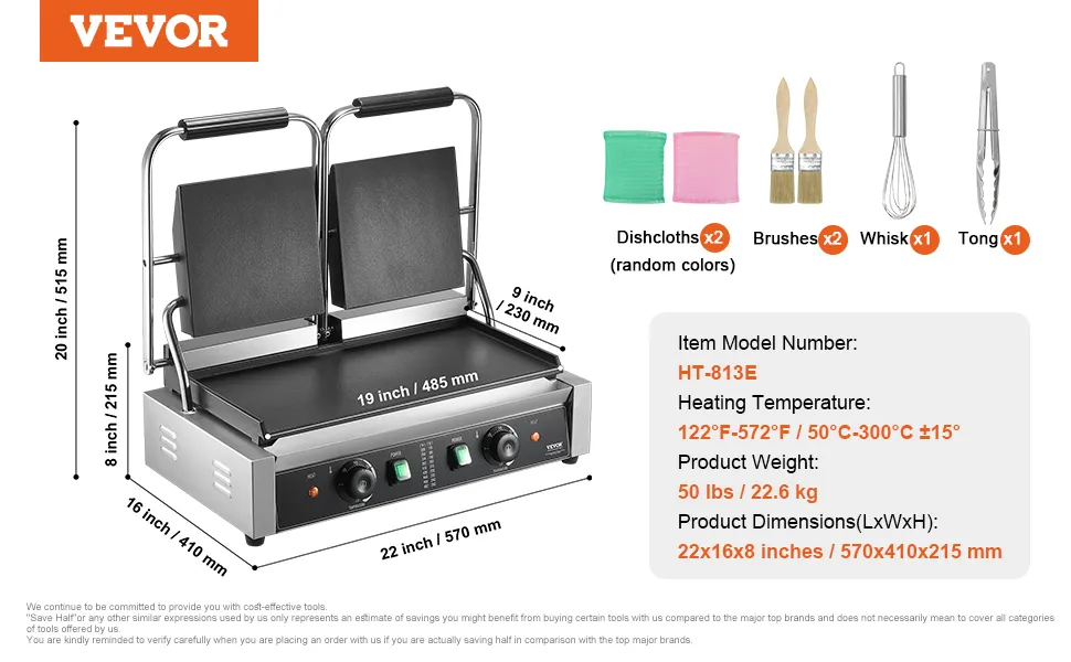 Pressa per panini VEVOR ht-813e con opzioni di riscaldamento, accessori e dimensioni in pollici e mm.