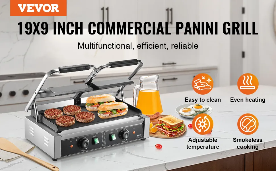 Pressa per panini VEVOR, griglia commerciale da 19x9 pollici, hamburger e panini cotti in una cucina pulita.