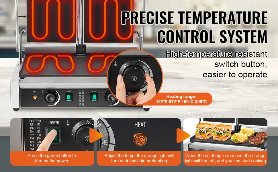 Pressa per panini VEVOR con sistema di controllo preciso della temperatura, facile da usare e resistente alle alte temperature.