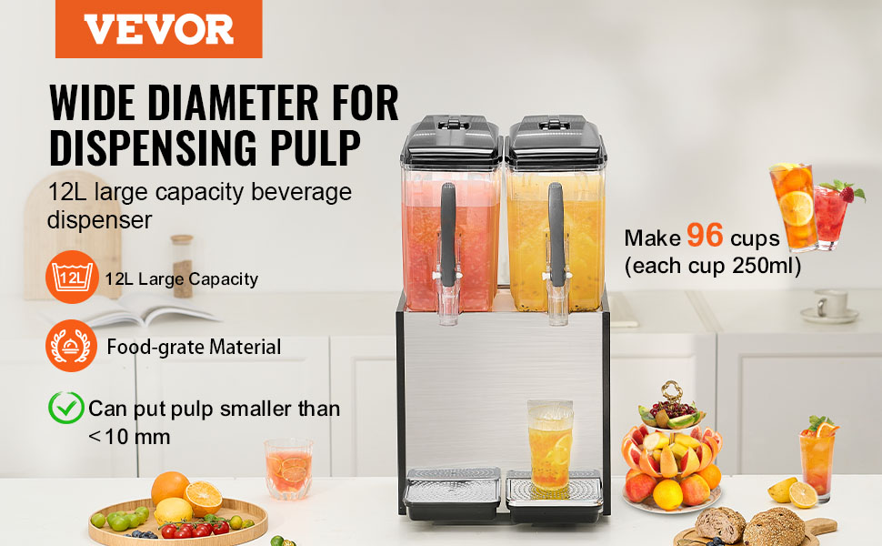 Distributeur Boissons Commercial 4 Réservoirs 12L - Fontaine Jus, Thé Glacé, Refroidissement 7-12°C, Inox - 3