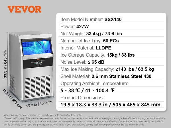 Máquina de hielo VEVOR, modelo ssx140, almacenamiento de hielo de 33 libras, 33,3 pulgadas de altura, acero inoxidable, accesorios incluidos.
