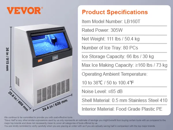Máquina para fabricar hielo comercial VEVOR con especificaciones y contenido del paquete, incluidos pies de máquina, filtro y tuberías.