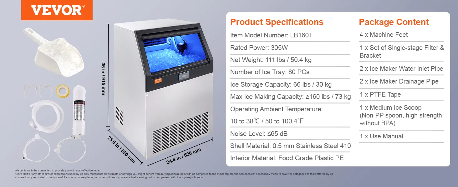 Máquina para fabricar hielo comercial VEVOR con especificaciones y contenido del paquete, incluidos pies de máquina, filtro y tuberías.