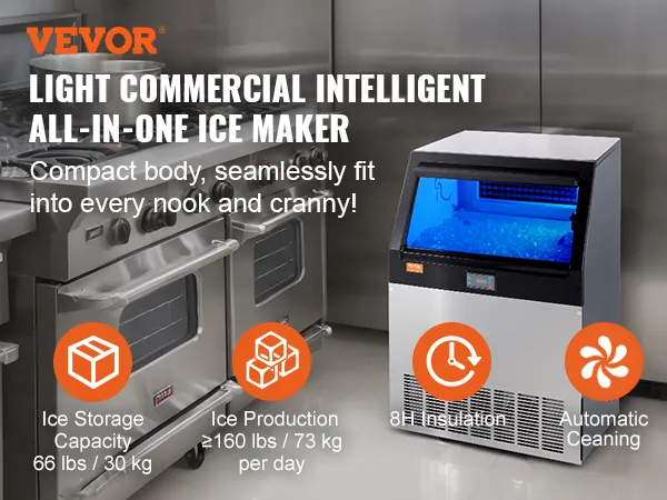 Máquina de hielo comercial VEVOR en una cocina profesional, que muestra funciones de almacenamiento, producción, aislamiento y limpieza.