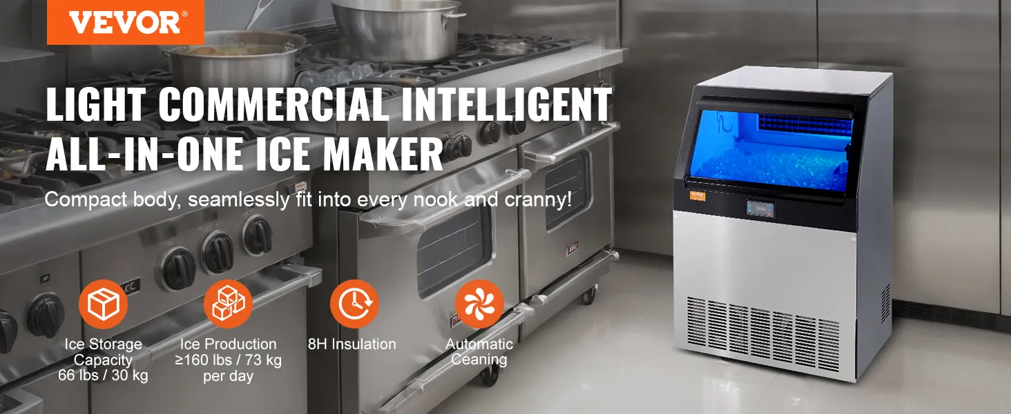 Máquina de hielo comercial VEVOR en una cocina profesional, que muestra funciones de almacenamiento, producción, aislamiento y limpieza.