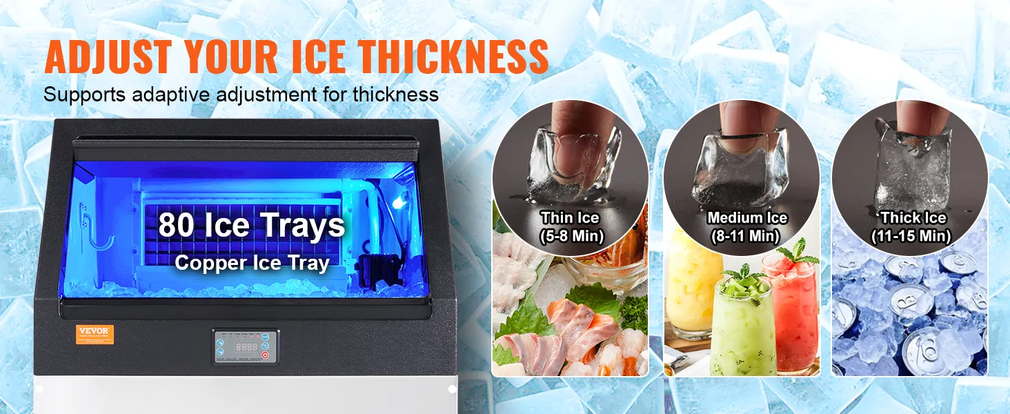 Máquina de hielo comercial VEVOR con 80 bandejas de hielo y opciones de espesor de hielo ajustables.
