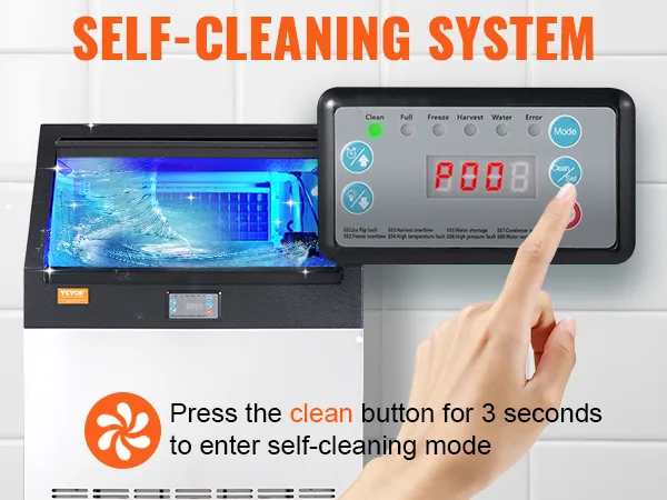 Función de sistema de autolimpieza de la máquina de hielo comercial VEVOR con panel de control y botón de limpieza.