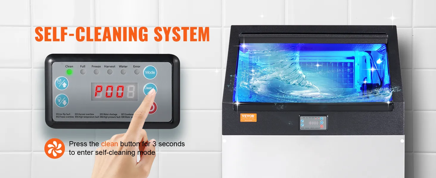 Función de sistema de autolimpieza de la máquina de hielo comercial VEVOR con panel de control y botón de limpieza.