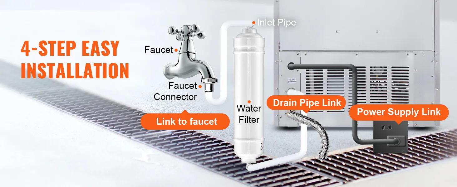 Instalación de 4 pasos para máquina de hielo comercial VEVOR con grifo, filtro de agua, tubo de drenaje y enlace de alimentación.