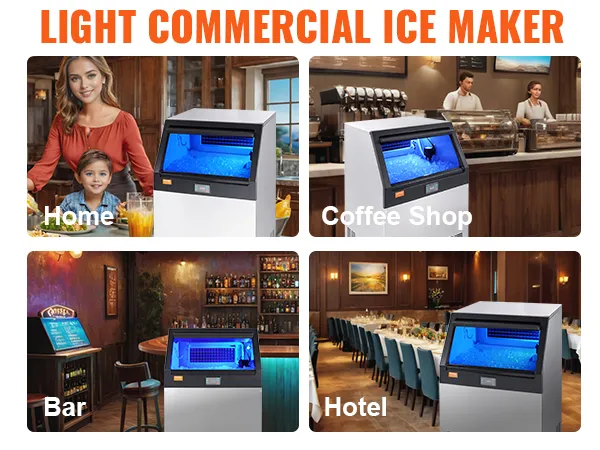 Máquina de hielo comercial VEVOR exhibida en hogares, cafeterías, bares, hoteles y tiendas de bebidas.