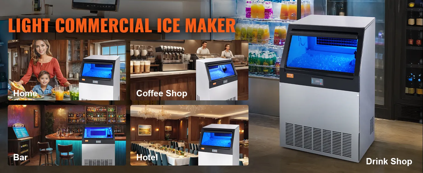Máquina de hielo comercial VEVOR exhibida en hogares, cafeterías, bares, hoteles y tiendas de bebidas.