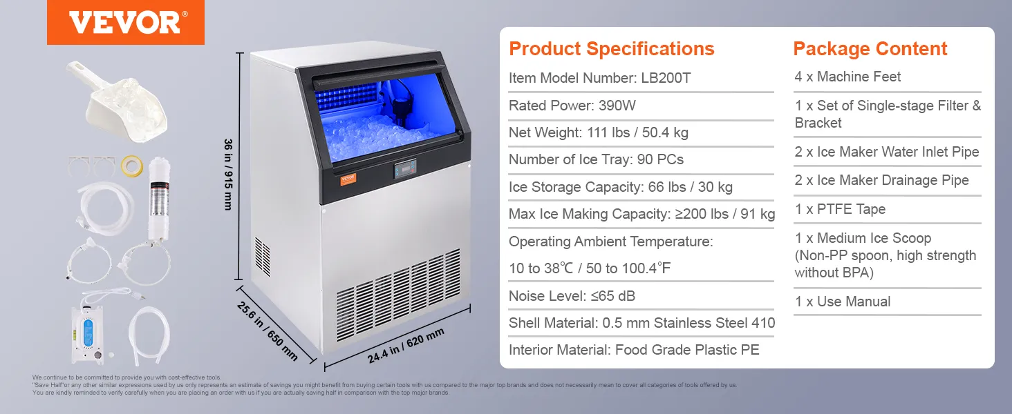 Especificaciones de la máquina de hielo comercial VEVOR y accesorios incluidos, mostrando detalles de tamaño y modelo.
