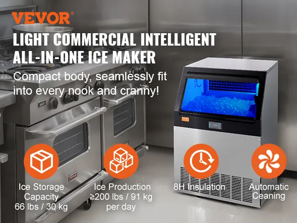 Máquina de hielo comercial VEVOR en una cocina profesional, promocionando su diseño compacto y características clave.
