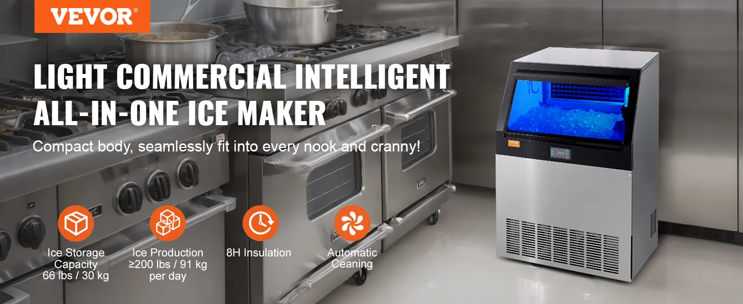 Máquina de hielo comercial VEVOR en una cocina profesional, promocionando su diseño compacto y características clave.