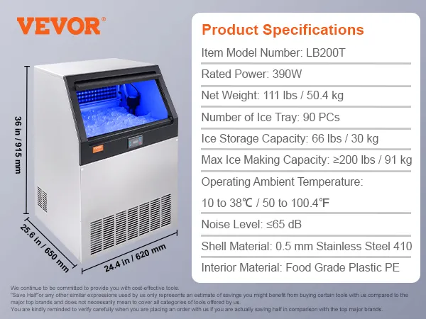 VEVOR commercial ice maker with ice scoop, filter, and dimensions; package contents listed.