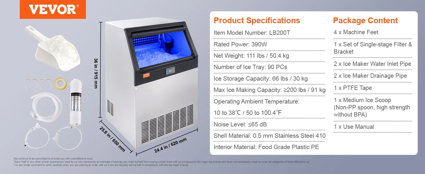 VEVOR commercial ice maker with ice scoop, filter, and dimensions; package contents listed.