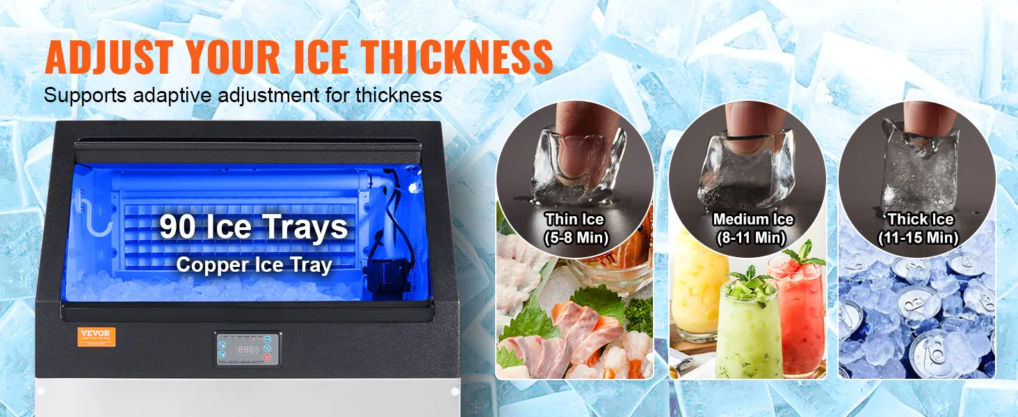 VEVOR commercial ice maker with 90 ice trays, adjustable thickness for thin, medium, and thick ice.