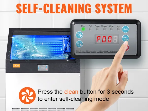 VEVOR commercial ice maker with self-cleaning system, control panel and clean mode activation button.