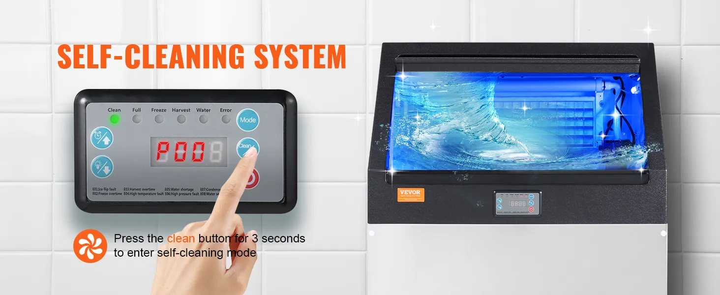 VEVOR commercial ice maker with self-cleaning system, control panel and clean mode activation button.