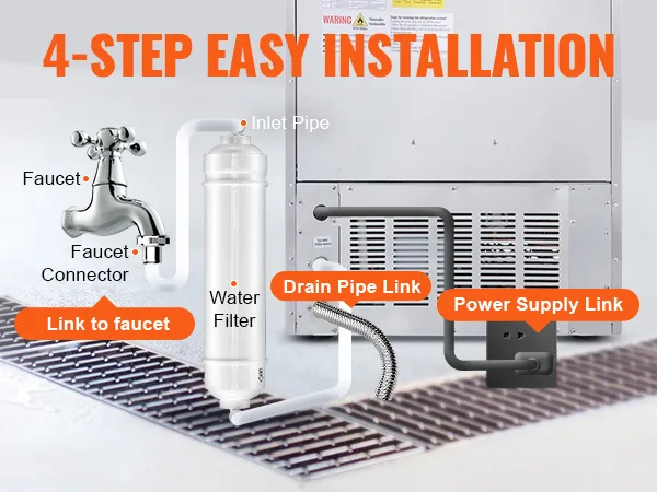 4-step installation guide for VEVOR commercial ice maker showing faucet, water filter, and power links.