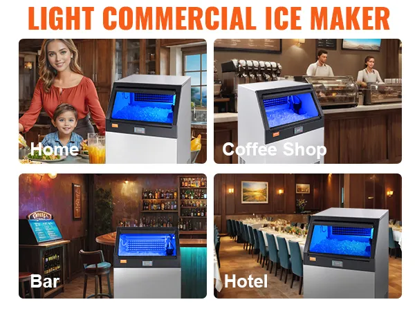 VEVOR commercial ice maker displayed in settings like home, coffee shop, bar, hotel, and drink shop.