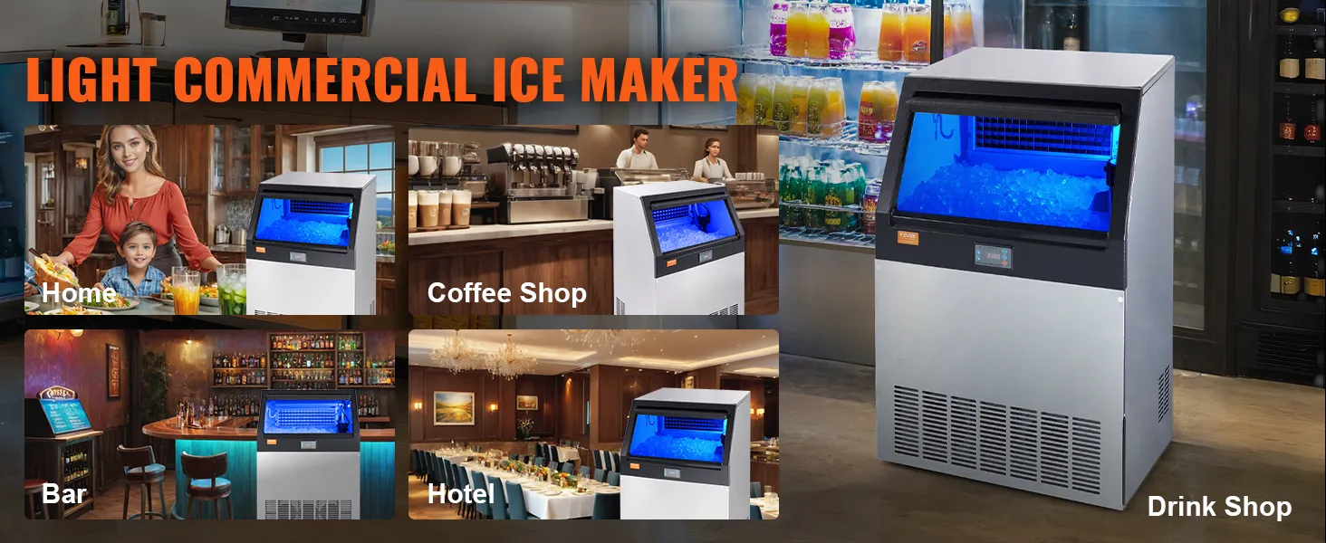 VEVOR commercial ice maker displayed in settings like home, coffee shop, bar, hotel, and drink shop.
