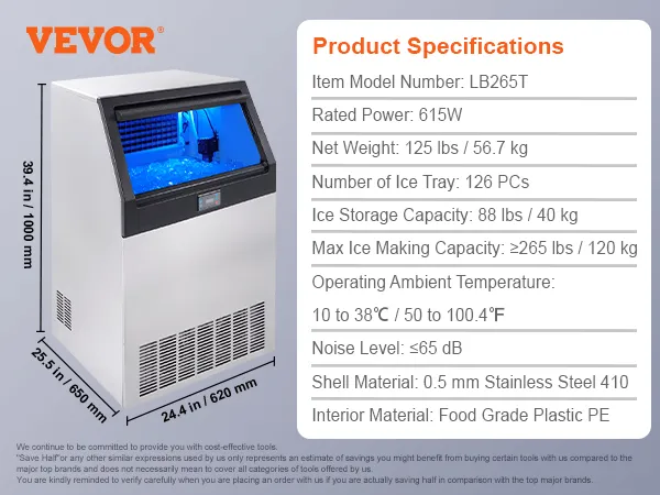 VEVOR commercial ice maker, dimensions, product specifications, and package contents displayed with ice scoop and accessories.